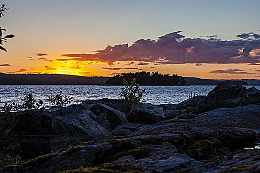 落日,湖,瑞典