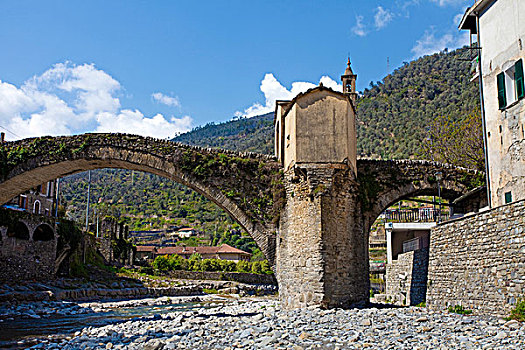 著名,老,石头,桥,小教堂,因佩里亚,里维埃拉,意大利,利古里亚,区域,欧洲