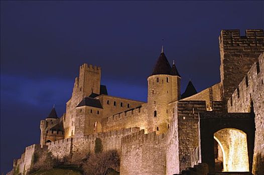 法国,朗格多克-鲁西永大区,卡尔卡松尼,壁,城堡,黄昏,旅游,执法