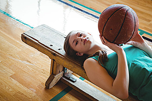 女人,头像,篮球,躺着,长椅,球场,俯拍