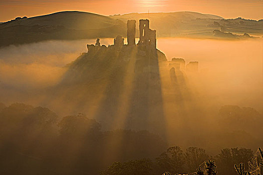 英格兰,城堡,逆光,太阳,长,影子,室外,薄雾,黎明