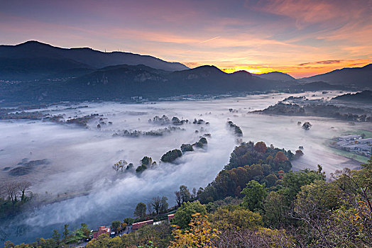 雾气,上方,河,风景,圣母玛利亚,莱科,省,布里安扎,伦巴第,意大利