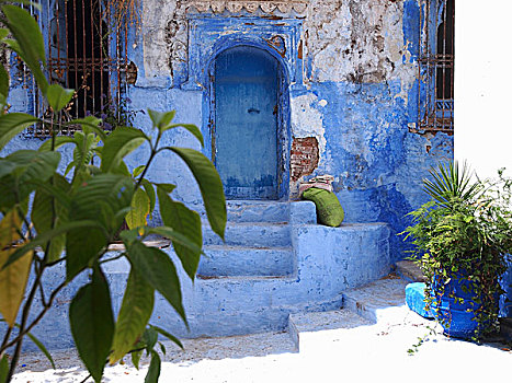 入口,房子,一个,蓝色,小巷,舍夫沙万,摩洛哥