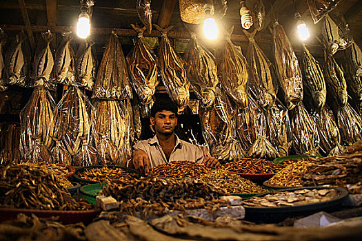 商店,集市,心形,城市,孟加拉,干燥,鱼肉,流行,食物,七月,2009年