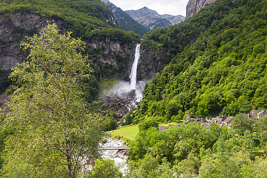 瀑布,乡村,山谷,提契诺河,瑞士,欧洲
