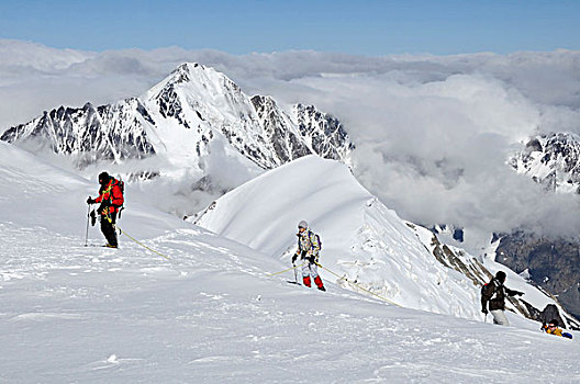 乔治亚,攀升,登山,一起,雪,斜坡,顶峰