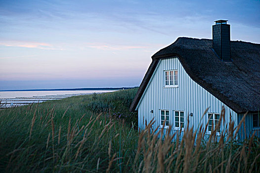 茅草屋顶,房子,阿伦斯霍普,黄昏,波罗的海