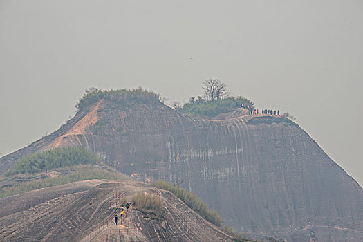 山,丹霞,游人,坡顶,驴友,旅行,地质公园,丹霞地貌,灌木,树,草,水潭,素材,平面设计