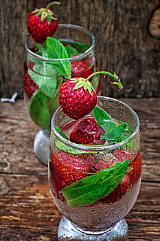玻璃杯,清爽,草莓,鸡尾酒