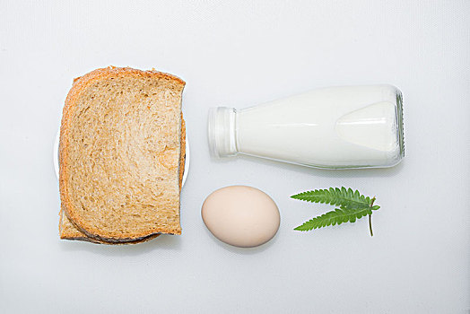 面包鸡蛋配牛奶的营养早餐,一片绿叶点缀