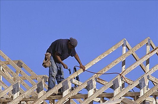 仰视,建筑工人,工作,屋顶,房子