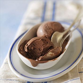 两个,舀具,巧克力冰淇淋,勺子