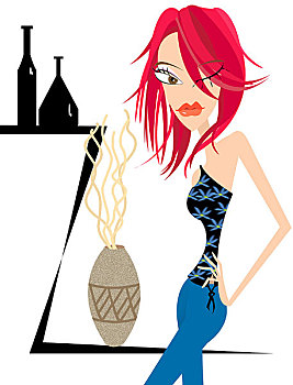 时尚插画,红头发,女子,花瓶,瓶子