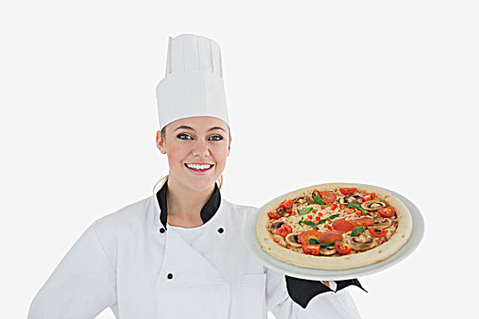 头像,高兴,女性,厨师,拿着,比萨饼,上方,白色背景