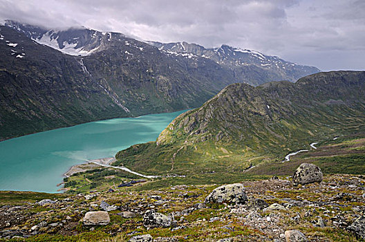 湖,山脊,尤通黑门山,国家公园,挪威,斯堪的纳维亚,欧洲
