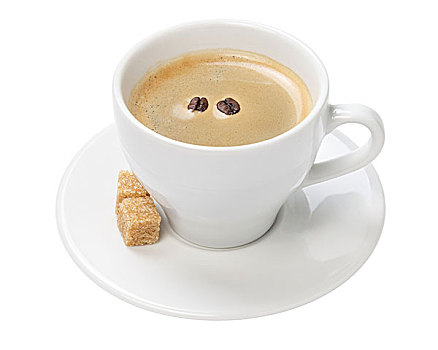 杯子,浓咖啡,蔗糖,两个,咖啡豆,隔绝,白色背景,背景