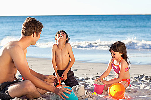 父亲,玩,孩子,海滩
