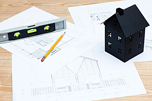 模型房屋,蓝图,铅笔,水平仪