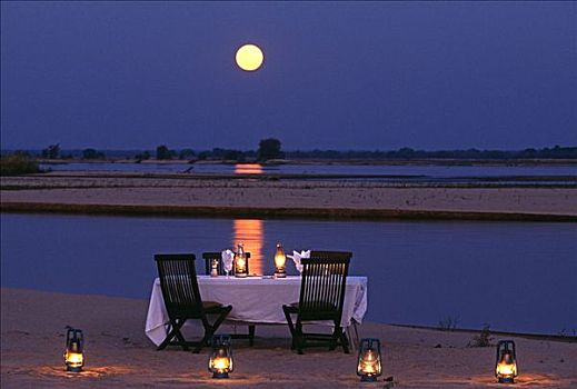 赞比亚,赞比西,国家公园,月照,餐饭,岛屿,中间,赞比西河