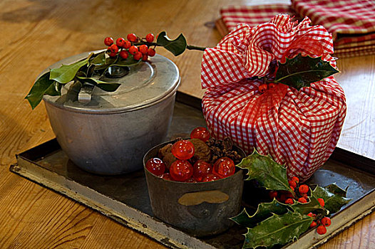 圣诞布丁,布,盘子,水果