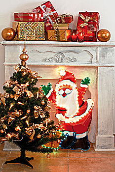 光亮,圣诞老人,装饰,圣诞树,烟囱,礼物,背影