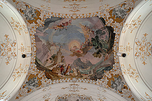 天花板,壁画,迟,巴洛克,寺院,教堂,上巴伐利亚,德国,欧洲