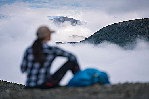 美女,看,山