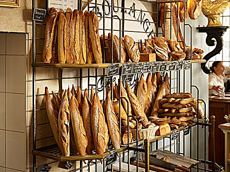 清新,面包,法棍面包,展示,架子,糕点店,巴黎,法国