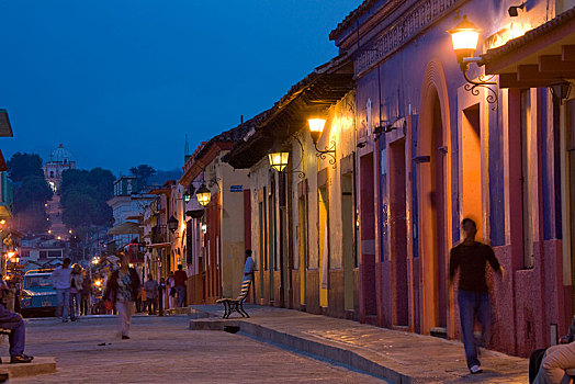 街道,夜晚,圣克里斯托瓦尔,房子,恰帕斯,墨西哥,中美洲