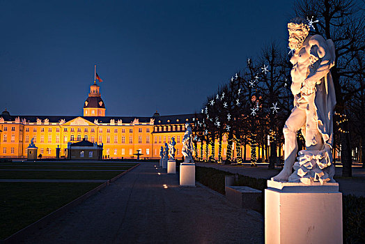 德国,卡尔斯鲁厄,王宫广场,宫殿,雕塑