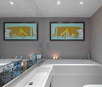 盥洗盆,反射,墙壁,现代,绘画,高处,浴缸,设计师,浴室