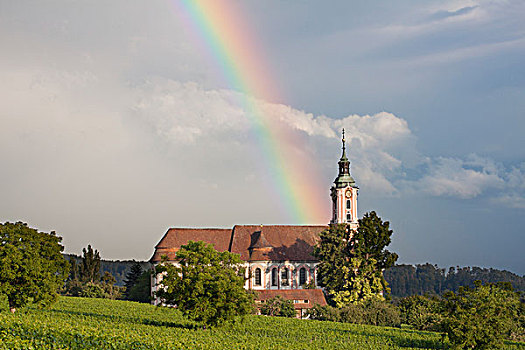 彩虹,上方,朝圣教堂,康士坦茨湖,区域,巴登符腾堡,德国,欧洲