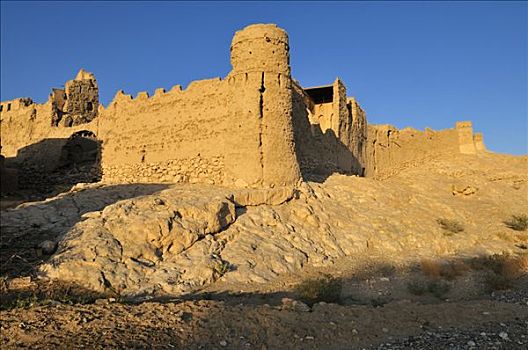 遗址,历史,砖坯,城墙,靠近,哈迦,加尔比,山峦,区域,阿曼苏丹国,阿拉伯,中东