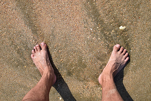 腿,男人,海洋,沙子,靠近,波浪