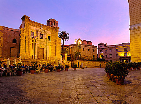 广场,黃昏,后面,教堂,巴勒莫,西西里,意大利,欧洲