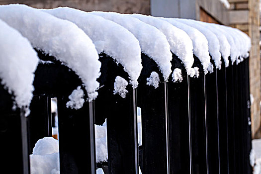 覆盖着厚厚的白雪的黑色栅栏