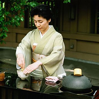 日本,女人,和服,表演,户外,茶道