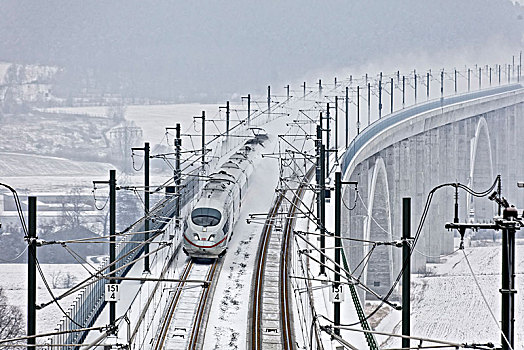 列车,桥,上方,线条,雪