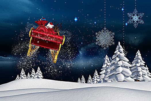 合成效果,图像,圣诞老人,飞,雪撬,雪花,悬挂,星空