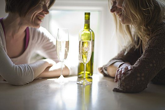 两个,女青年,坐,桌子,交谈,笑,喝,葡萄酒