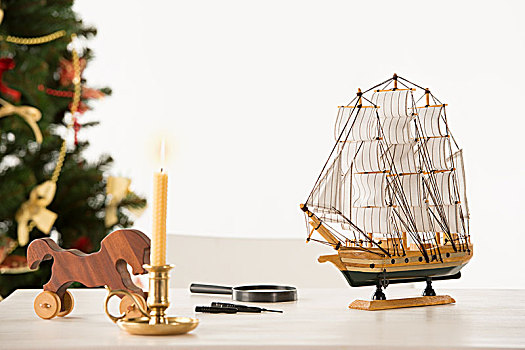 旧式,木质,马,船,工作台,圣诞树,背景