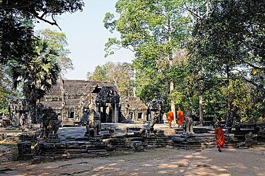 柬埔寨,收获,吴哥,三个,和尚,橙色,长袍,庙宇