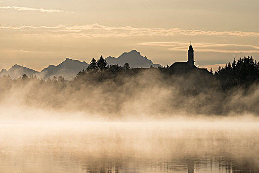 雾状,气氛,早晨,雾气,寺院,陆地,高山,山麓,上巴伐利亚,巴伐利亚,德国,欧洲