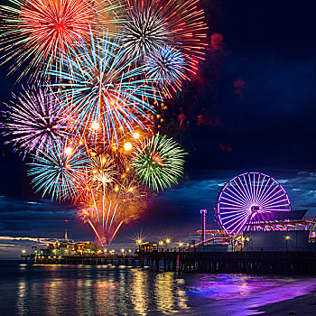 彩色,焰火表演,夜空,水岸,洛杉矶,加利福尼亚,美国