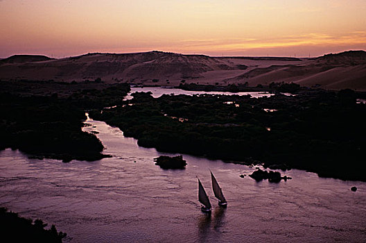 埃及,阿斯旺,三桅小帆船,航行,日落,靠近,第一