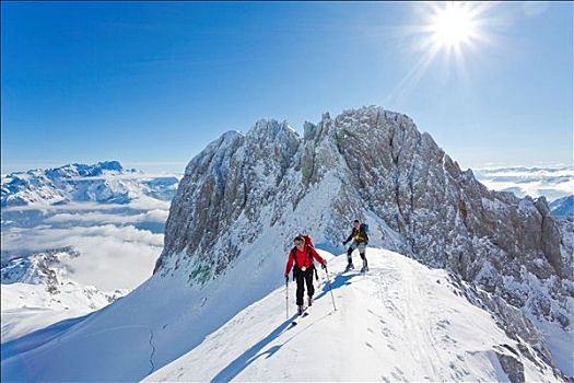 两个男人,滑雪,旅游,山峦,萨尔茨堡,奥地利