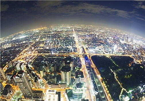 俯视,鱼眼镜头,风景,大阪,日本,夜晚