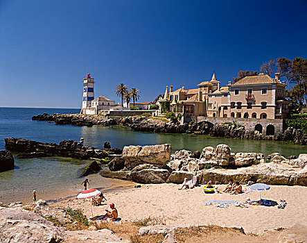 游客,海滩,灯塔,卡斯卡伊斯,里斯本,海岸,葡萄牙