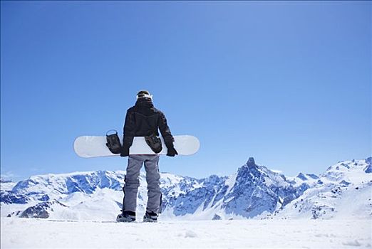 站立,男人,山,滑雪板