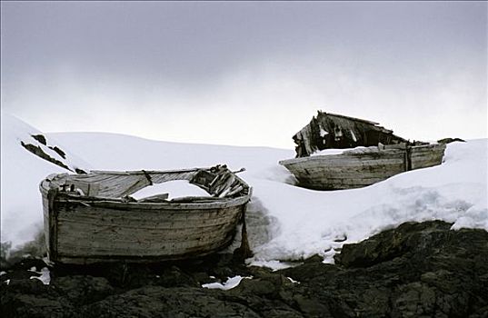 两个,破损,船,冰冻,石头,岛屿,南极半岛,南极